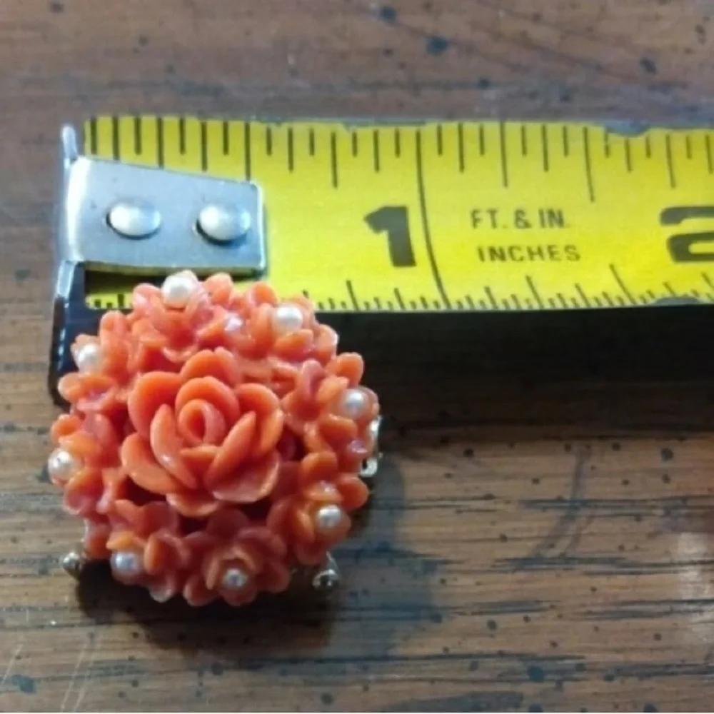 1930’s Vintage Rose Celluloid Coral Brooch Pin with Pearls